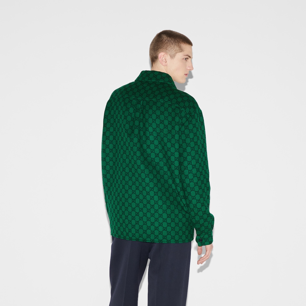 GG wool flannel padded overshirt in green and navy blue | GUCCI® US