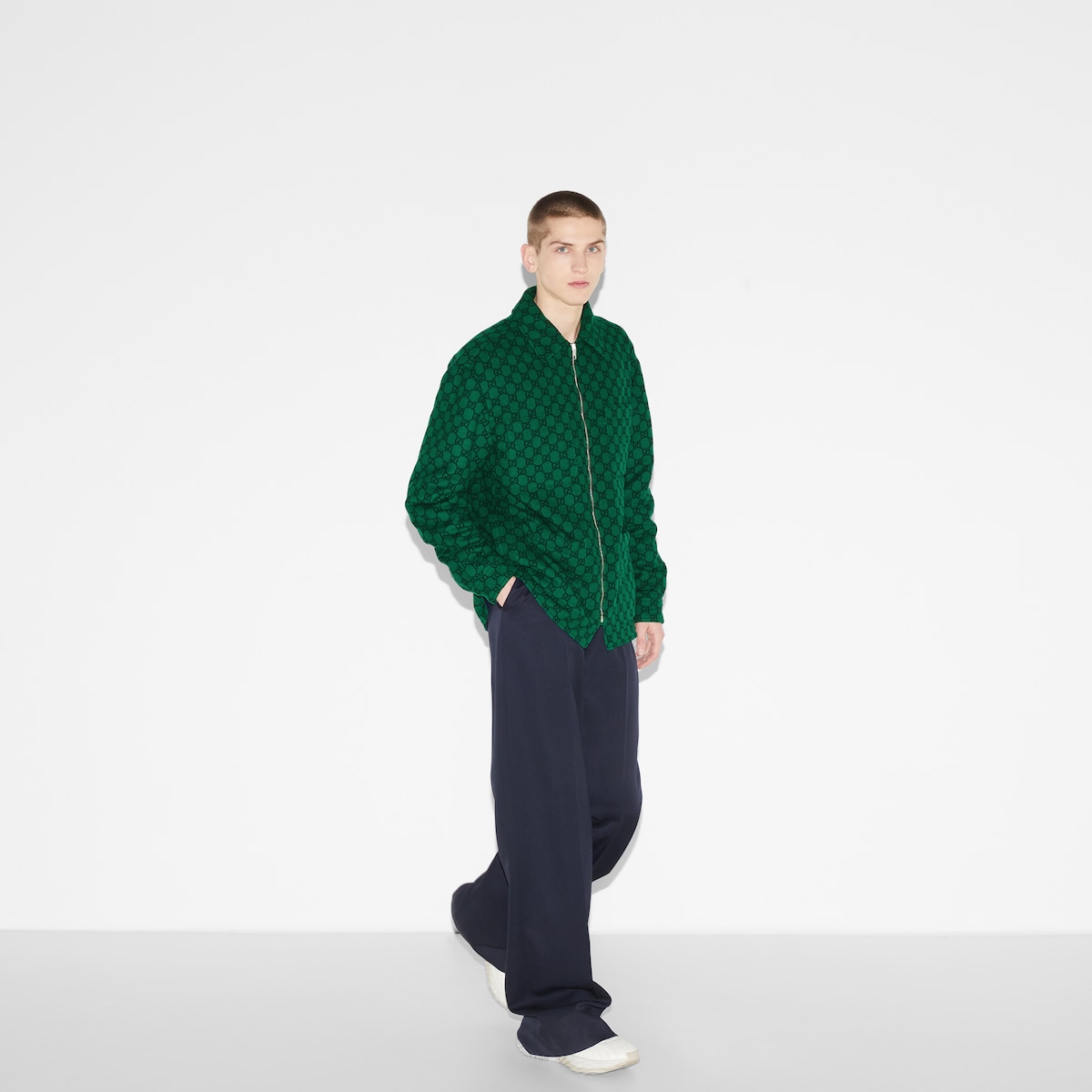 GG wool flannel padded overshirt in green and navy blue | GUCCI® US