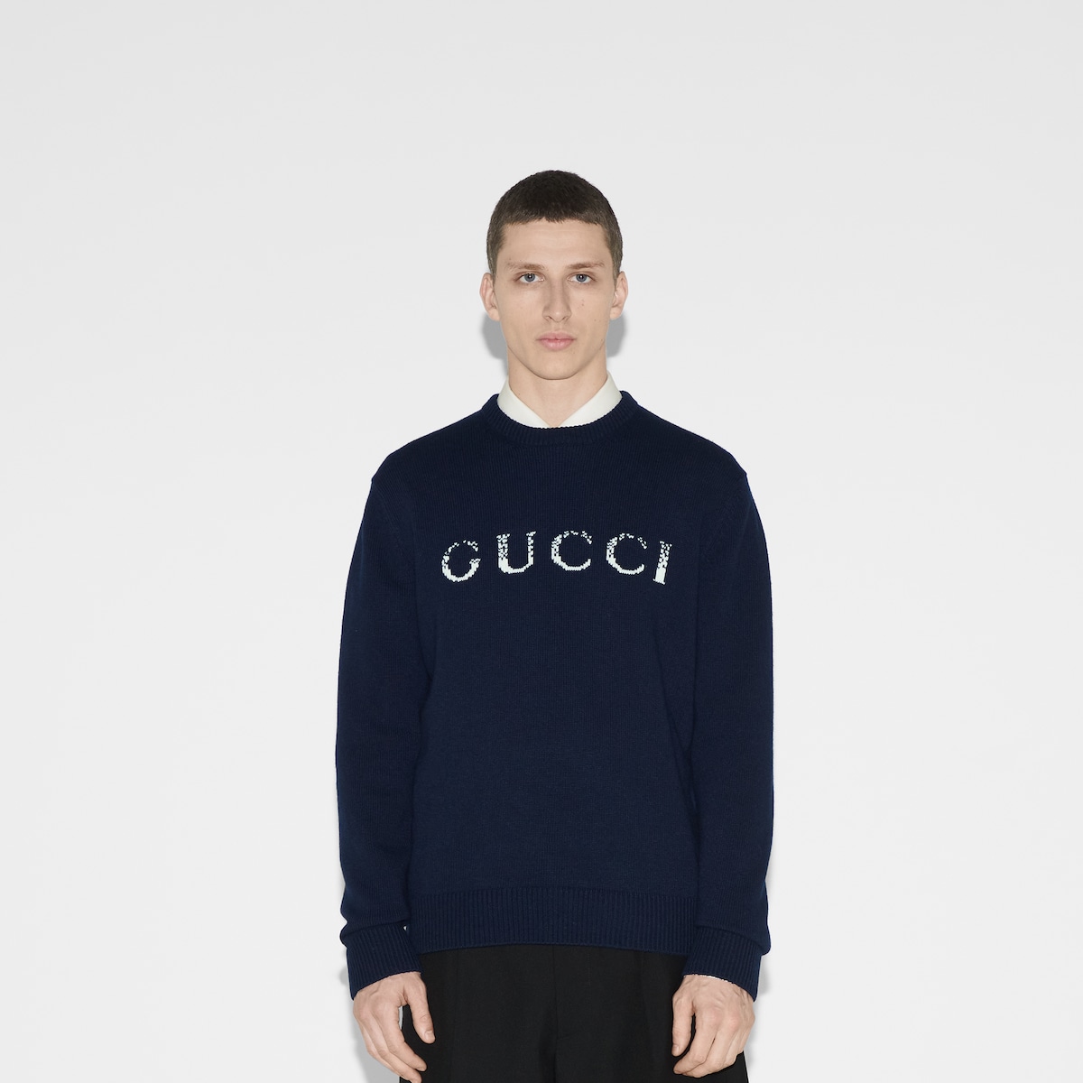 Wool sweater with Gucci intarsia in dark blue | GUCCI® US