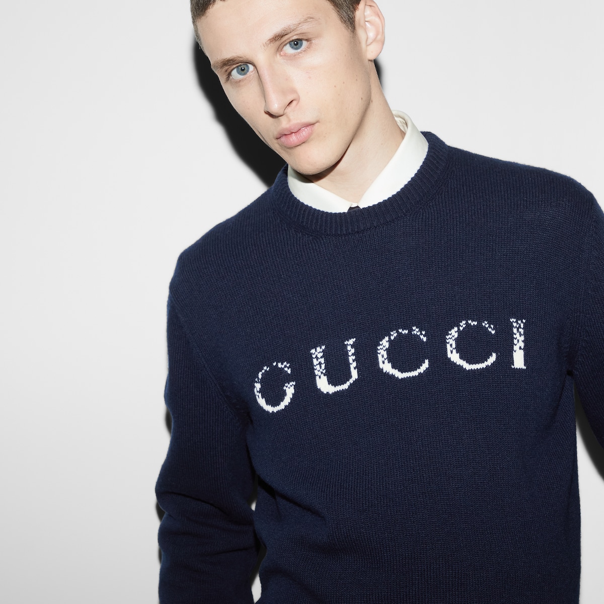 Wool sweater with Gucci intarsia in dark blue | GUCCI® US