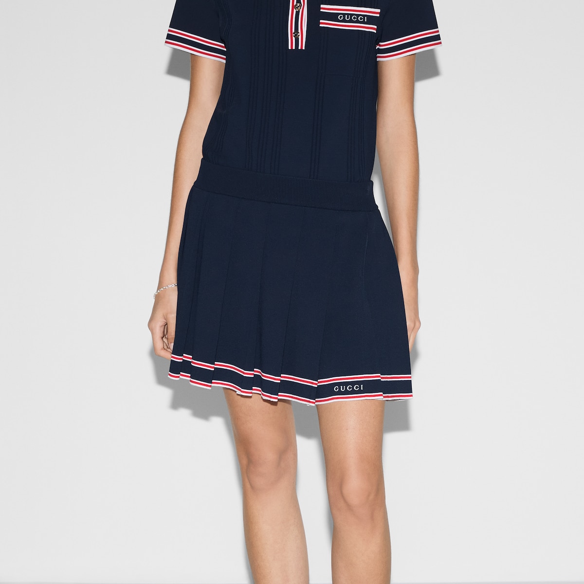 【美品】GUCCI グッチ スカート ストライプ トリム付き プリーツスカート ・ダークブルー | GUCCI公式