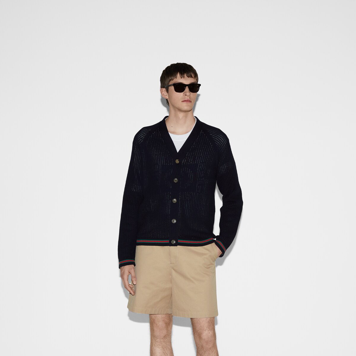Ajour cotton knit cardigan with Web in navy | GUCCI® US