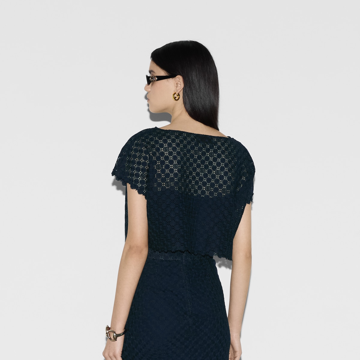 Double G flower lace top in dark blue | GUCCI® US