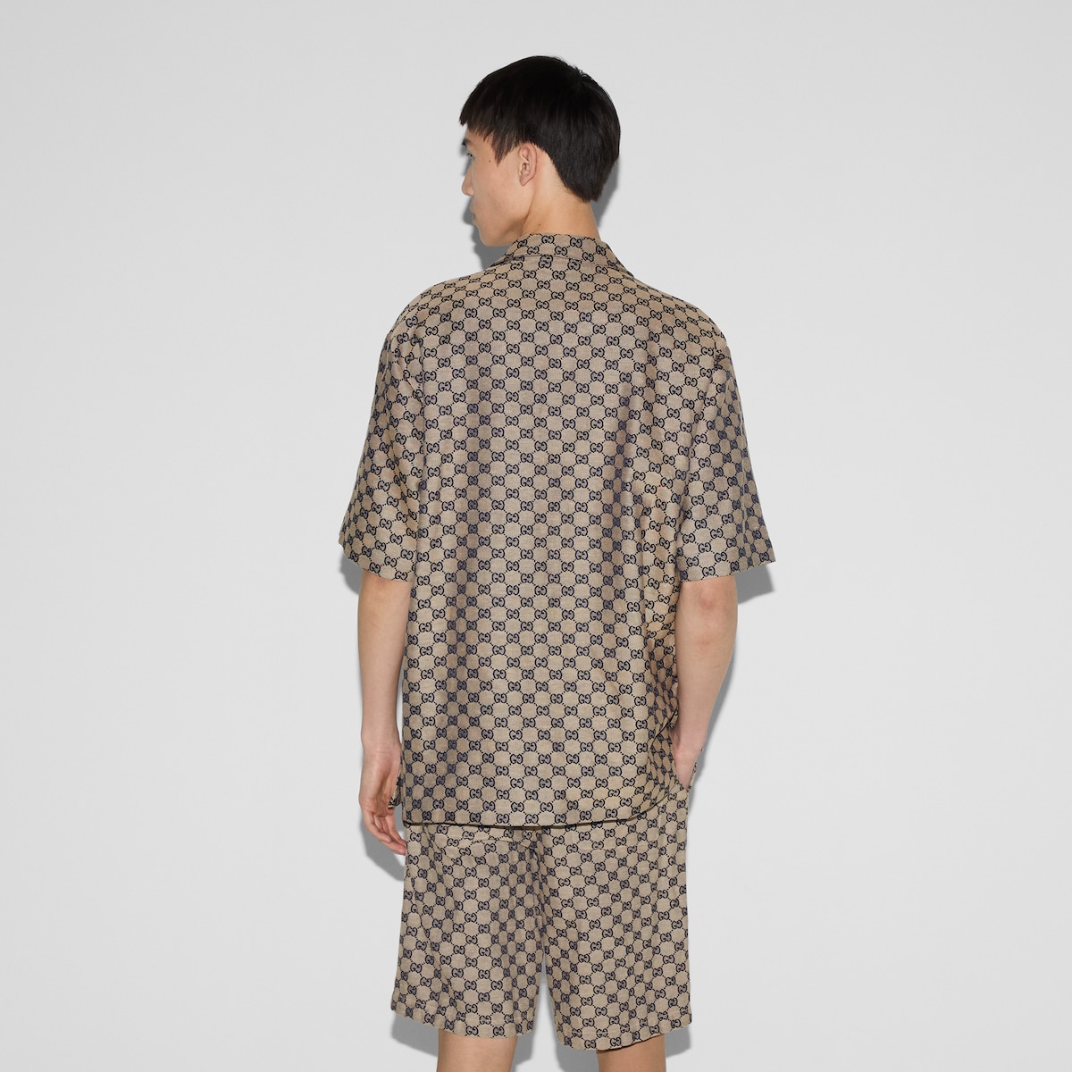 GG linen blend canvas shirt in beige and blue | GUCCI® US
