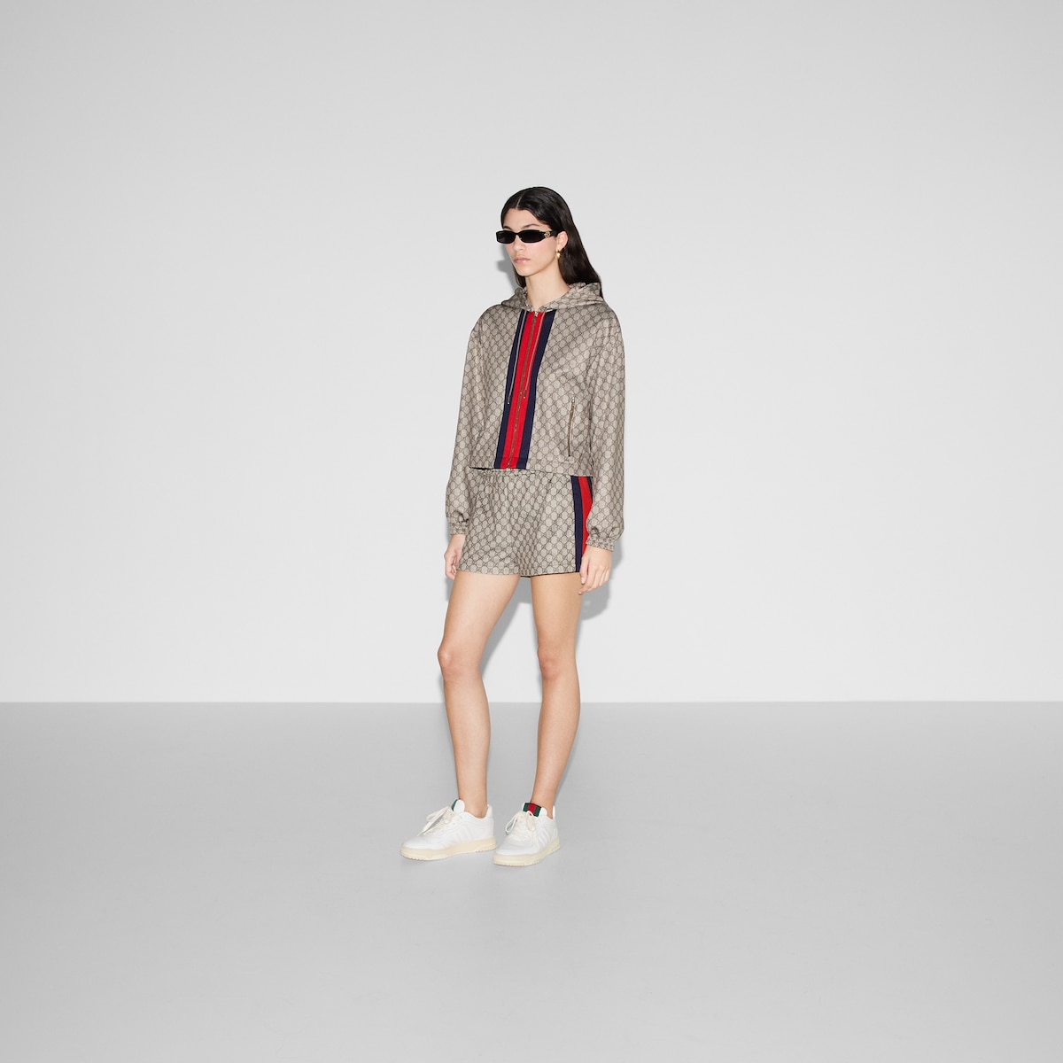 GG technical jersey shorts with Web in beige and ebony GUCCI US