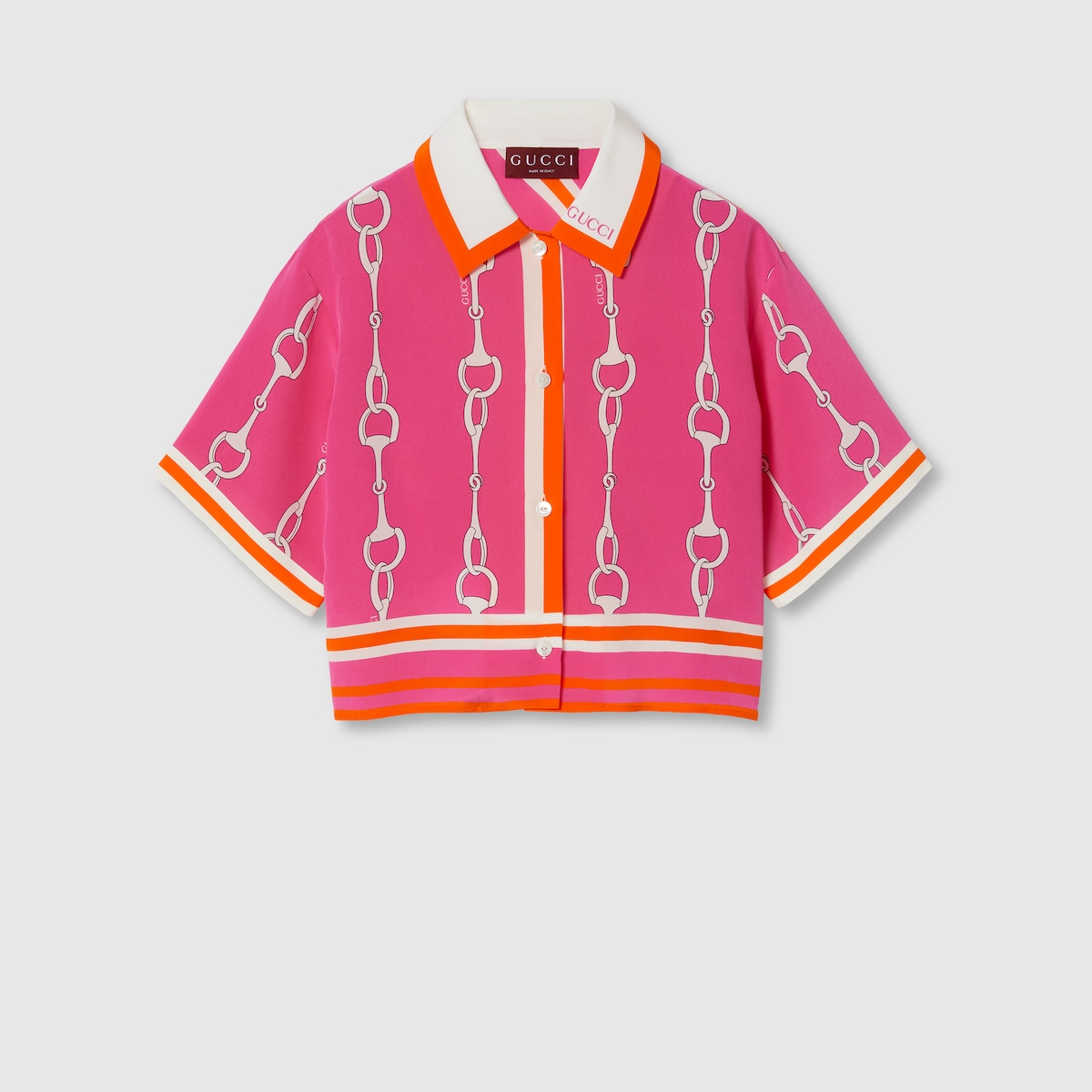 Camicia in seta con stampa Morsetto e righe Gucci in fucsia e arancione GUCCI Italia