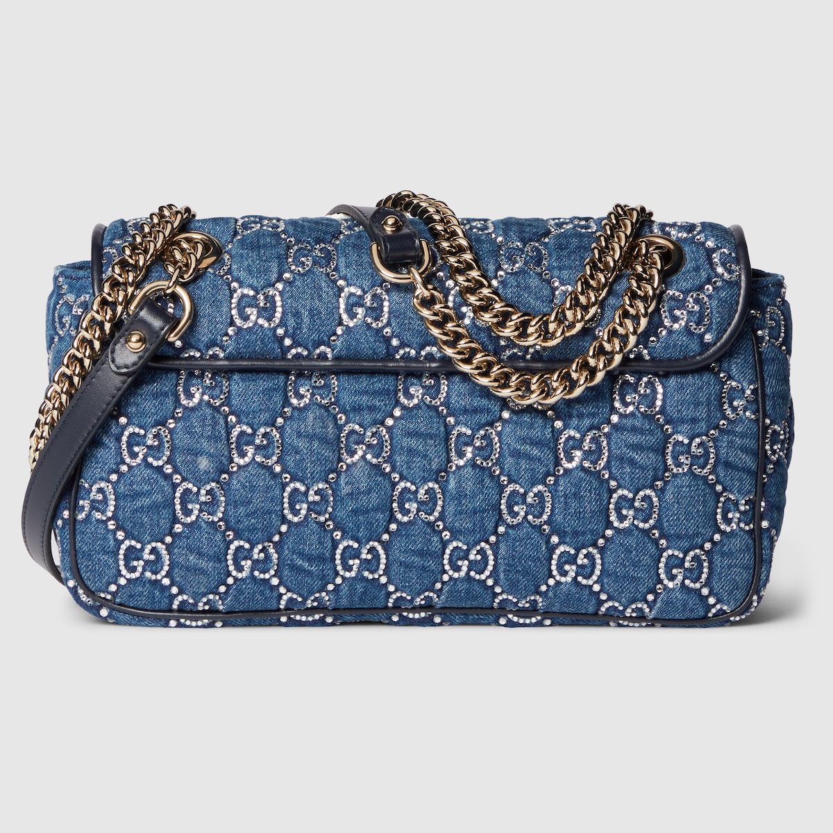 GG Marmont Schultertasche mit Kristallen in blauer GG Denim 