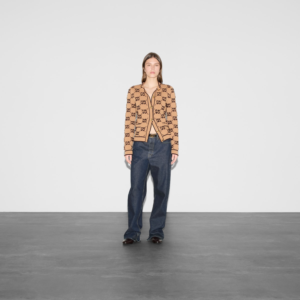 GG wool bouclé jacquard cardigan in camel and brown | GUCCI® US