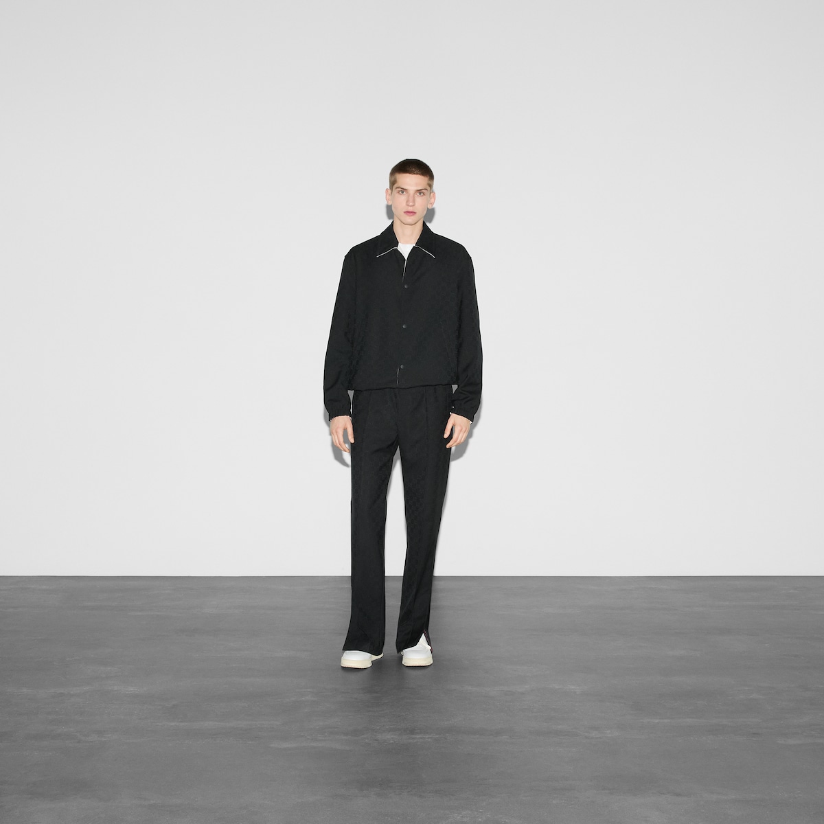 Reversible twill GG jacquard jacket in navy and ivory