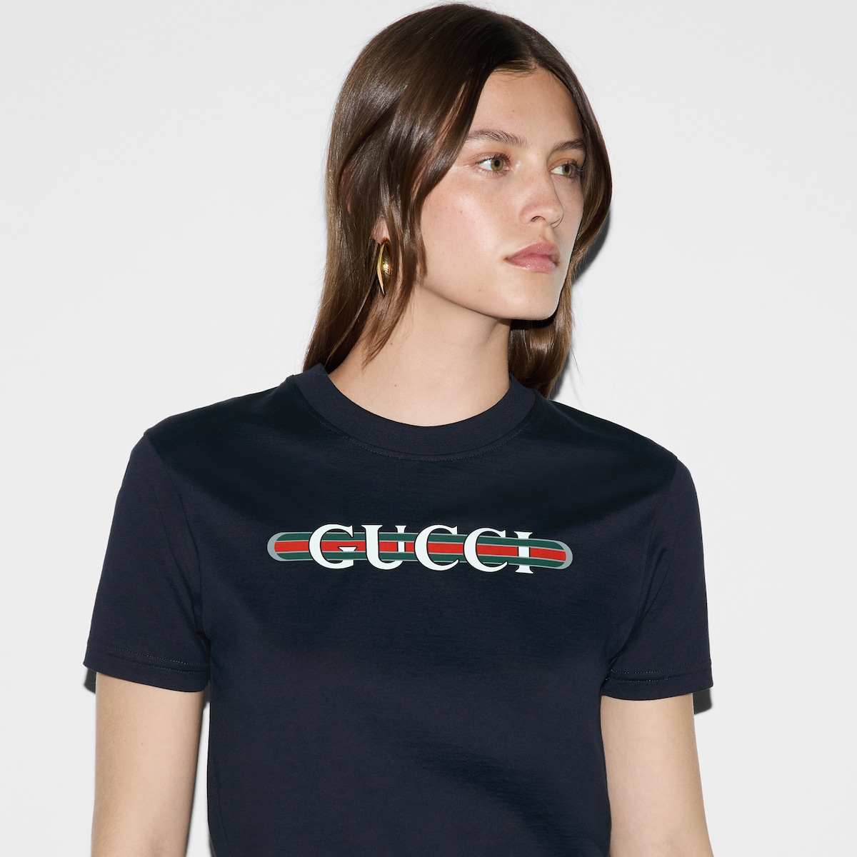 海軍藍色Gucci印花棉質針織布T恤 | GUCCI® 香港