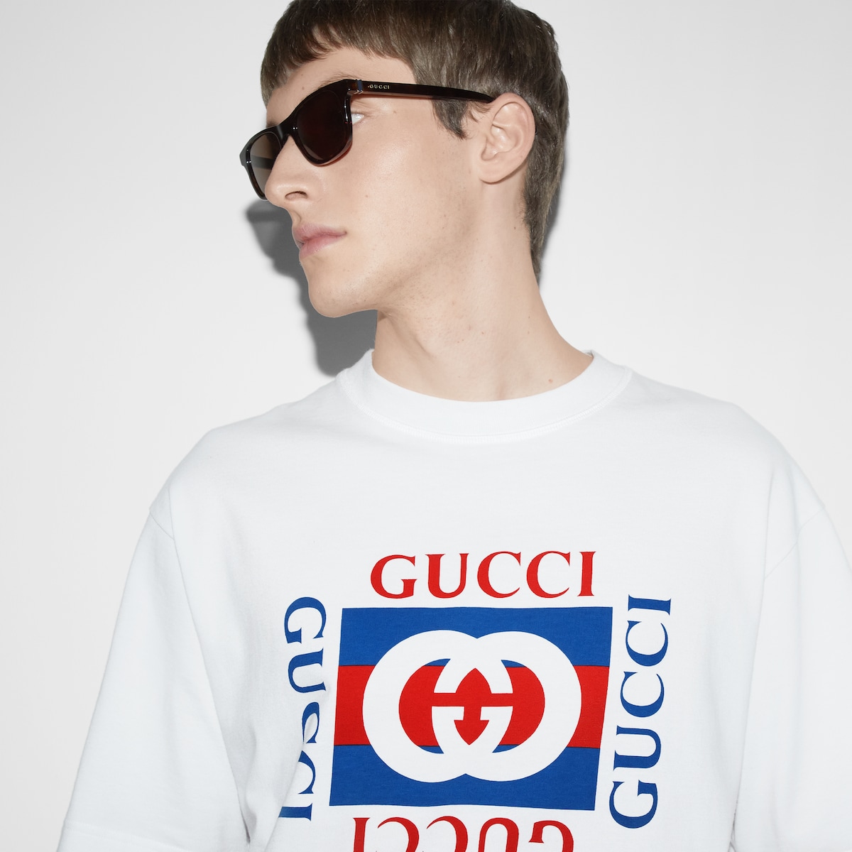 Printed cotton jersey T-shirt in white | GUCCI® US