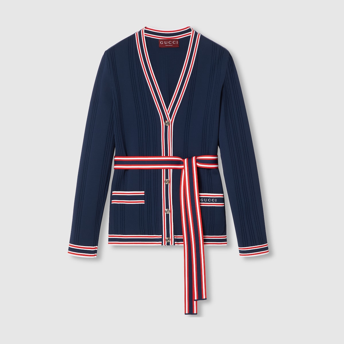 Self-tie cardigan with striped trim in dark blue - thumbnail 7