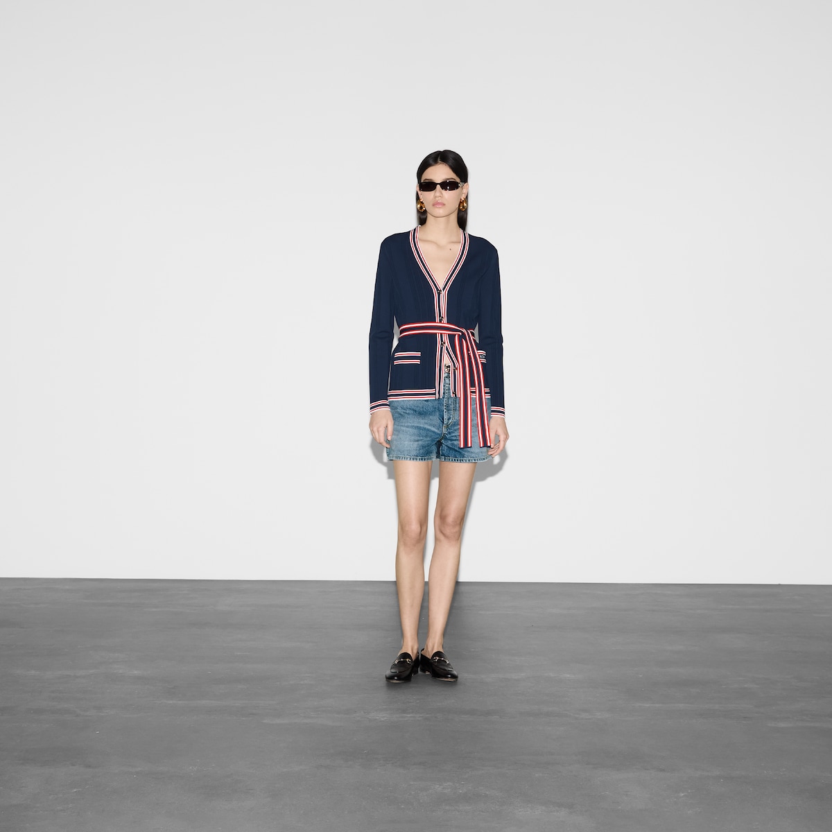 Self-tie cardigan with striped trim in dark blue - thumbnail 6