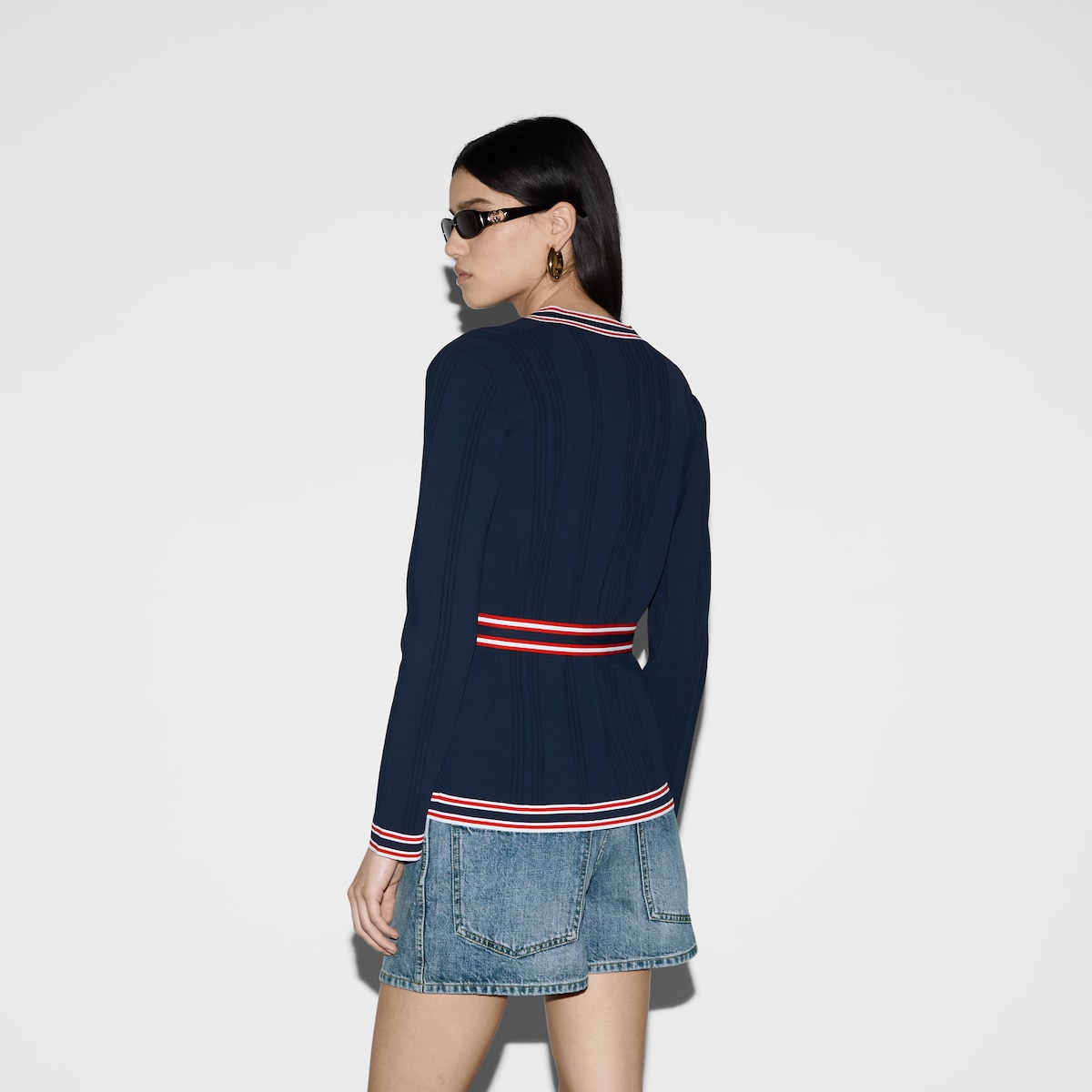 Self-tie cardigan with striped trim in dark blue | GUCCI® US