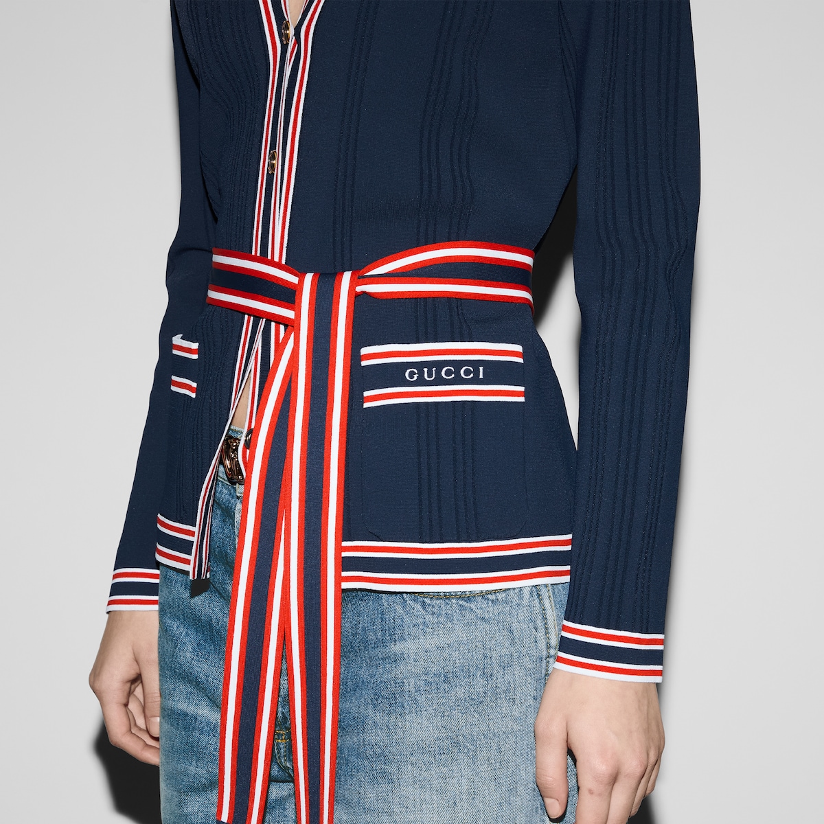 Self-tie cardigan with striped trim in dark blue | GUCCI® US