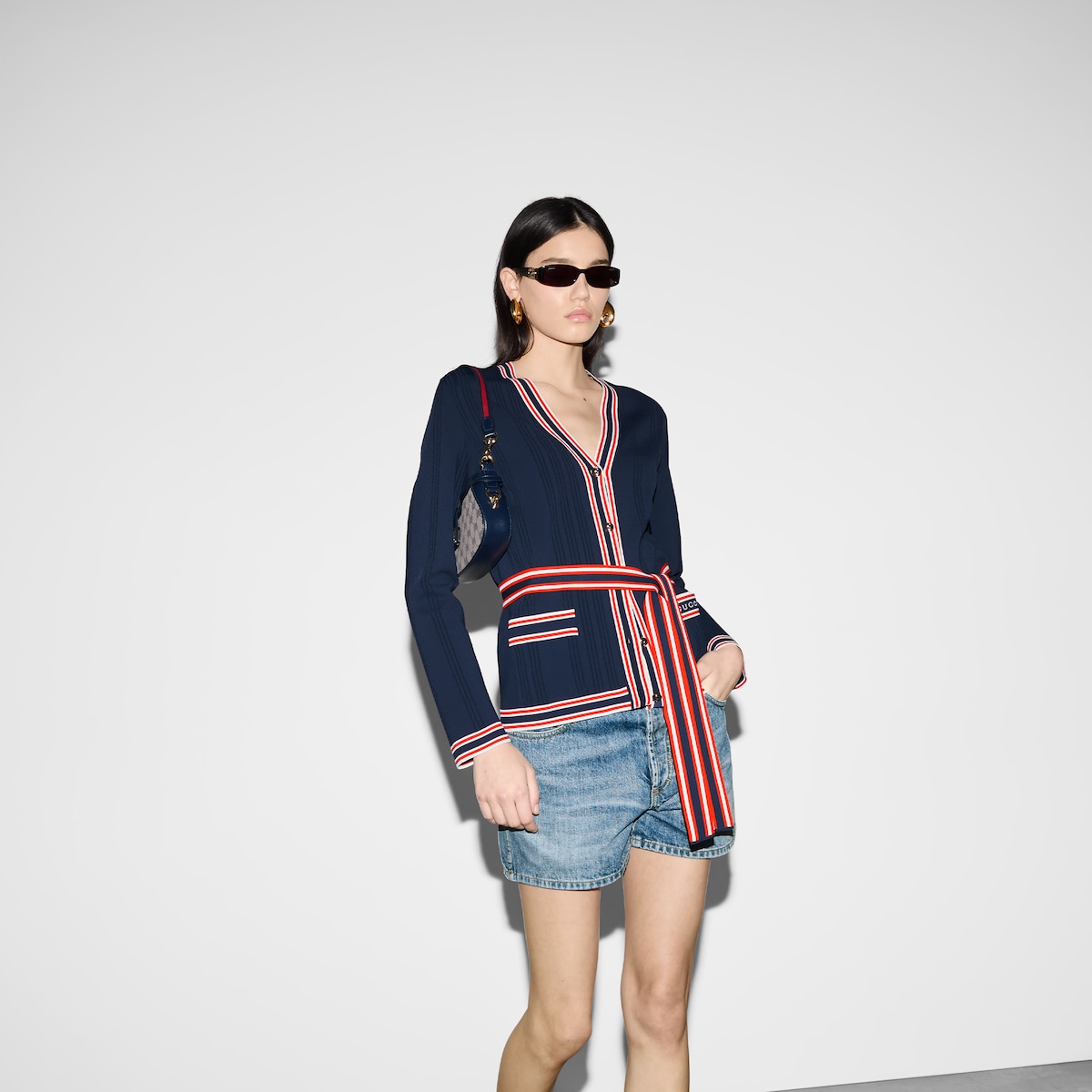 Self-tie cardigan with striped trim in dark blue - thumbnail 2