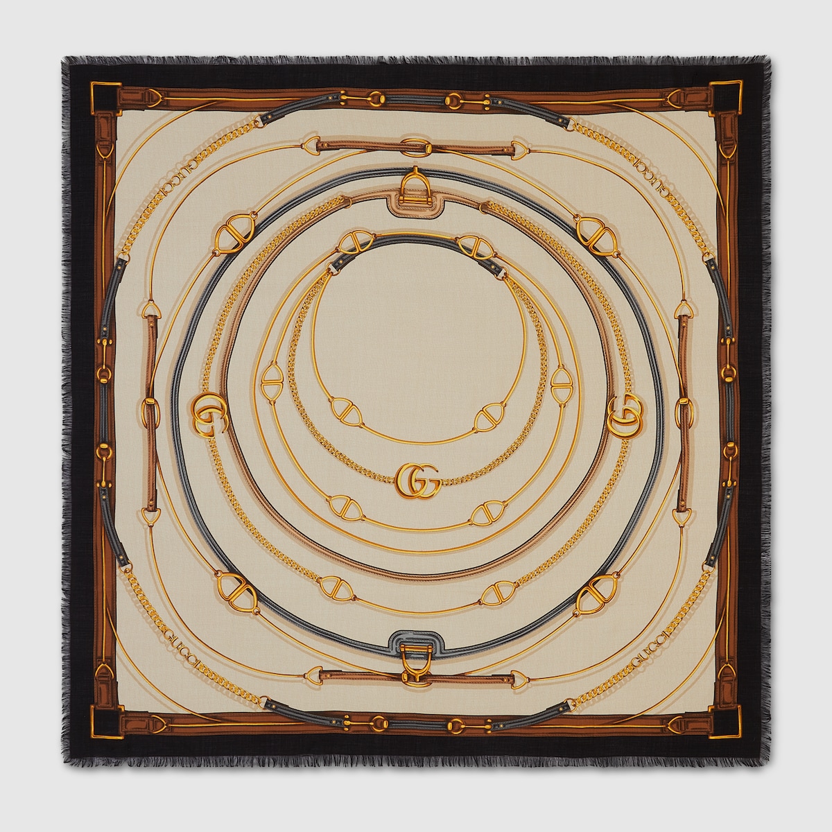 GG belt print cashmere silk shawl in ivory and black | GUCCI® US