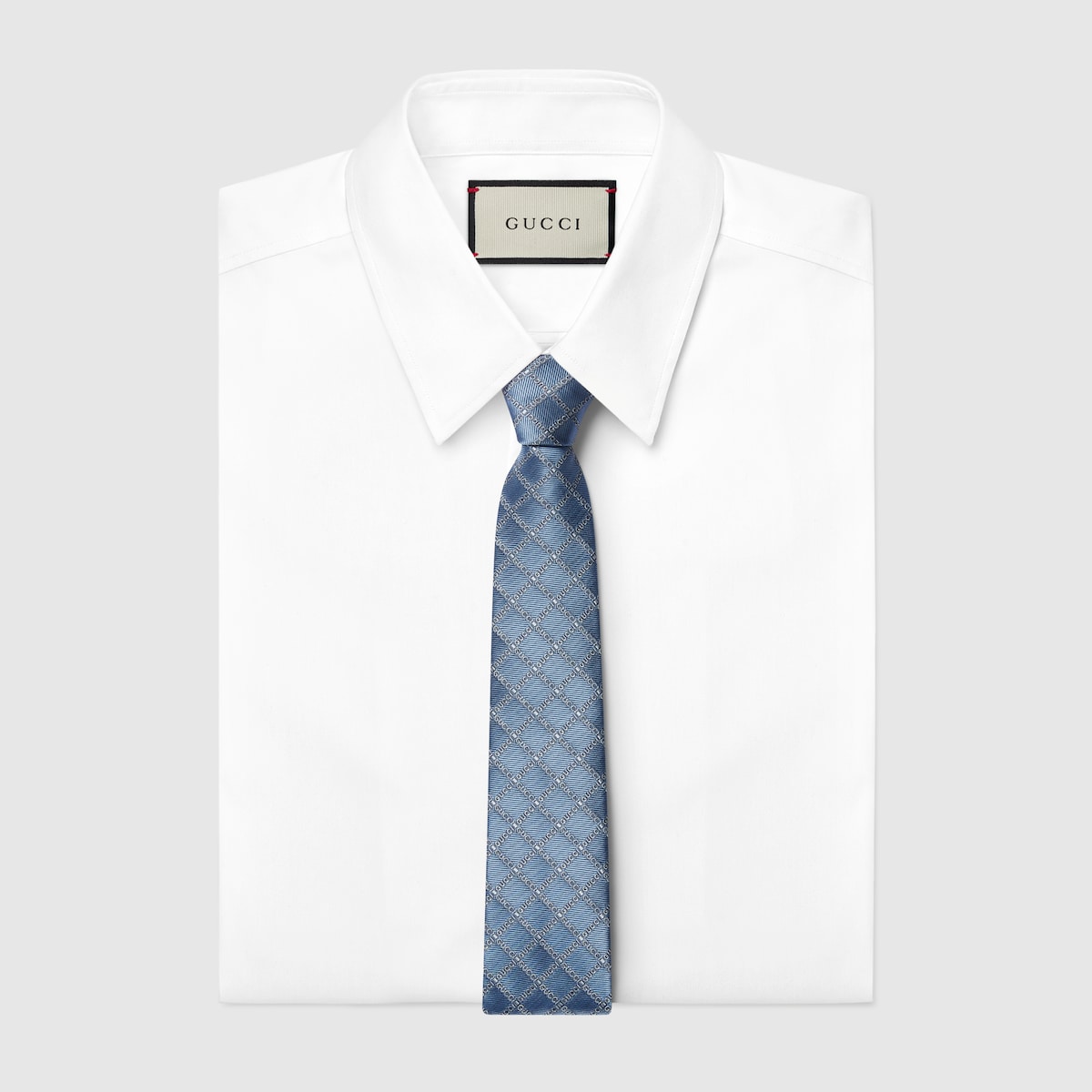 Gucci logo silk jacquard tie in light blue and light grey