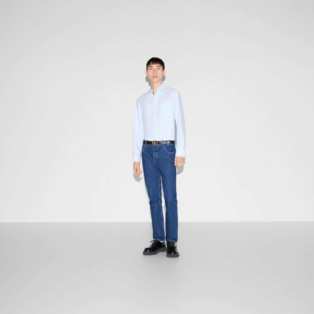 Striped cotton poplin shirt in white and light blue | GUCCI® US