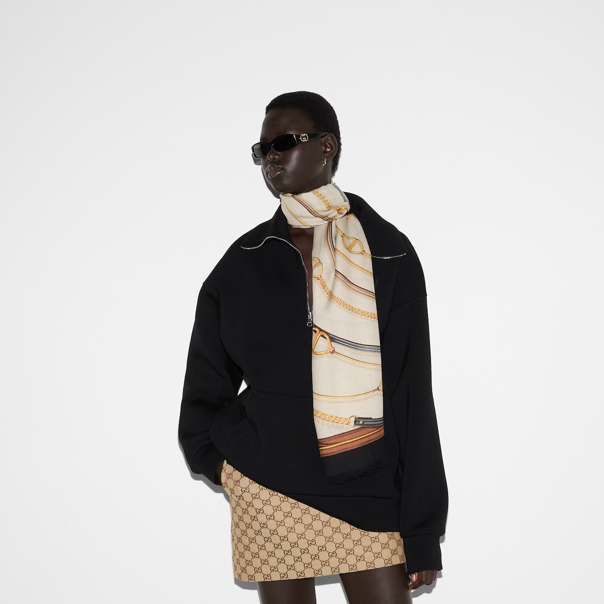Printed silk shirt in beige and blue | GUCCI® US