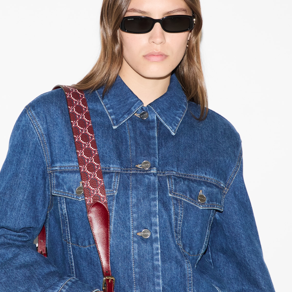 Denim jacket with Gucci print in blue | GUCCI® US