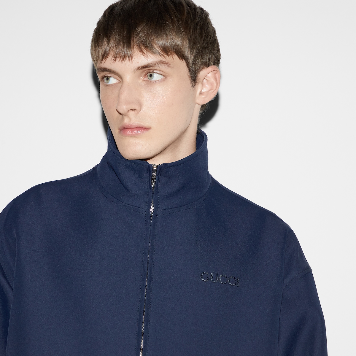 Wool acetate zip jacket with embroidery in dark blue | GUCCI® US