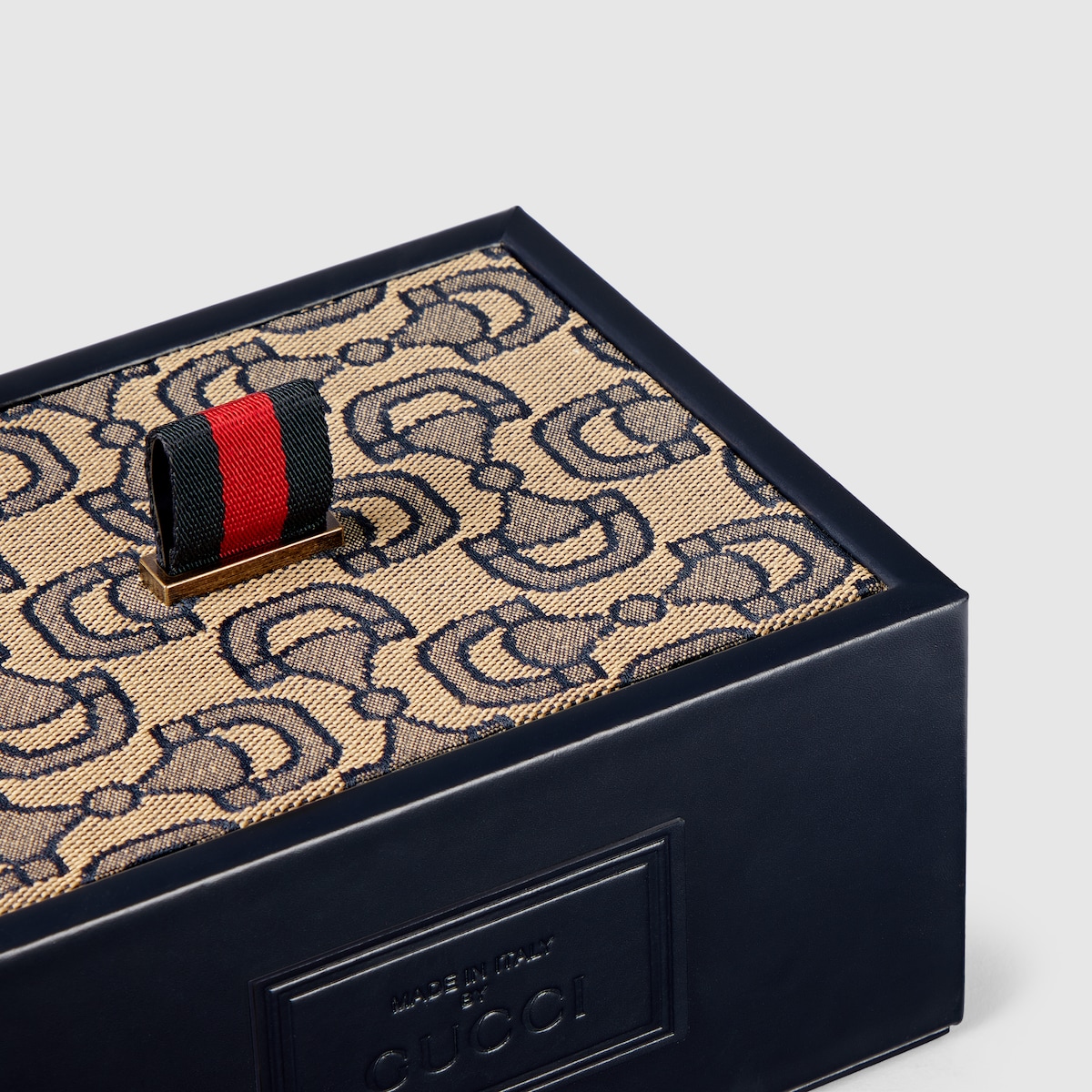 Horsebit jacquard box in dark blue and beige fabric | GUCCI® US