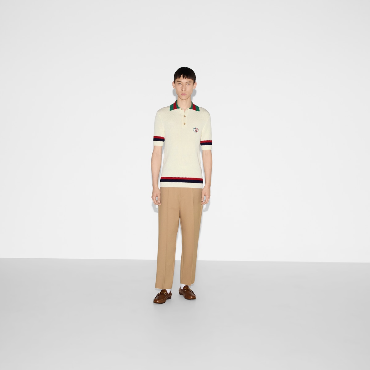 Knit cotton polo T shirt with Web in ivory GUCCI UK