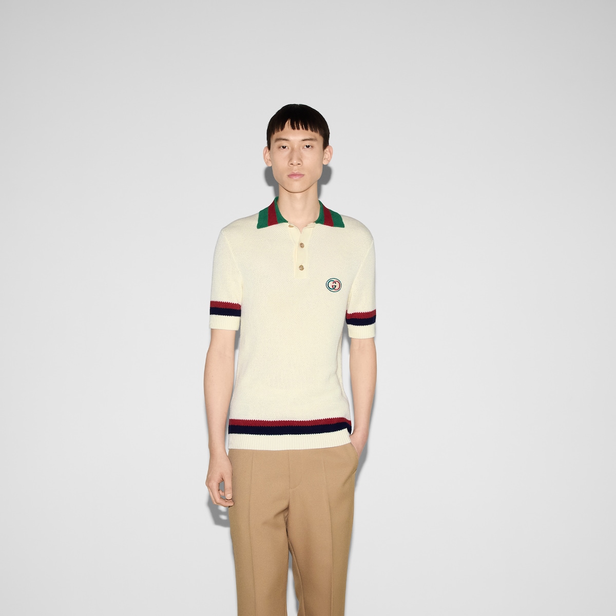 Polo in maglia di cotone con dettagli Web in avorio GUCCI Italia