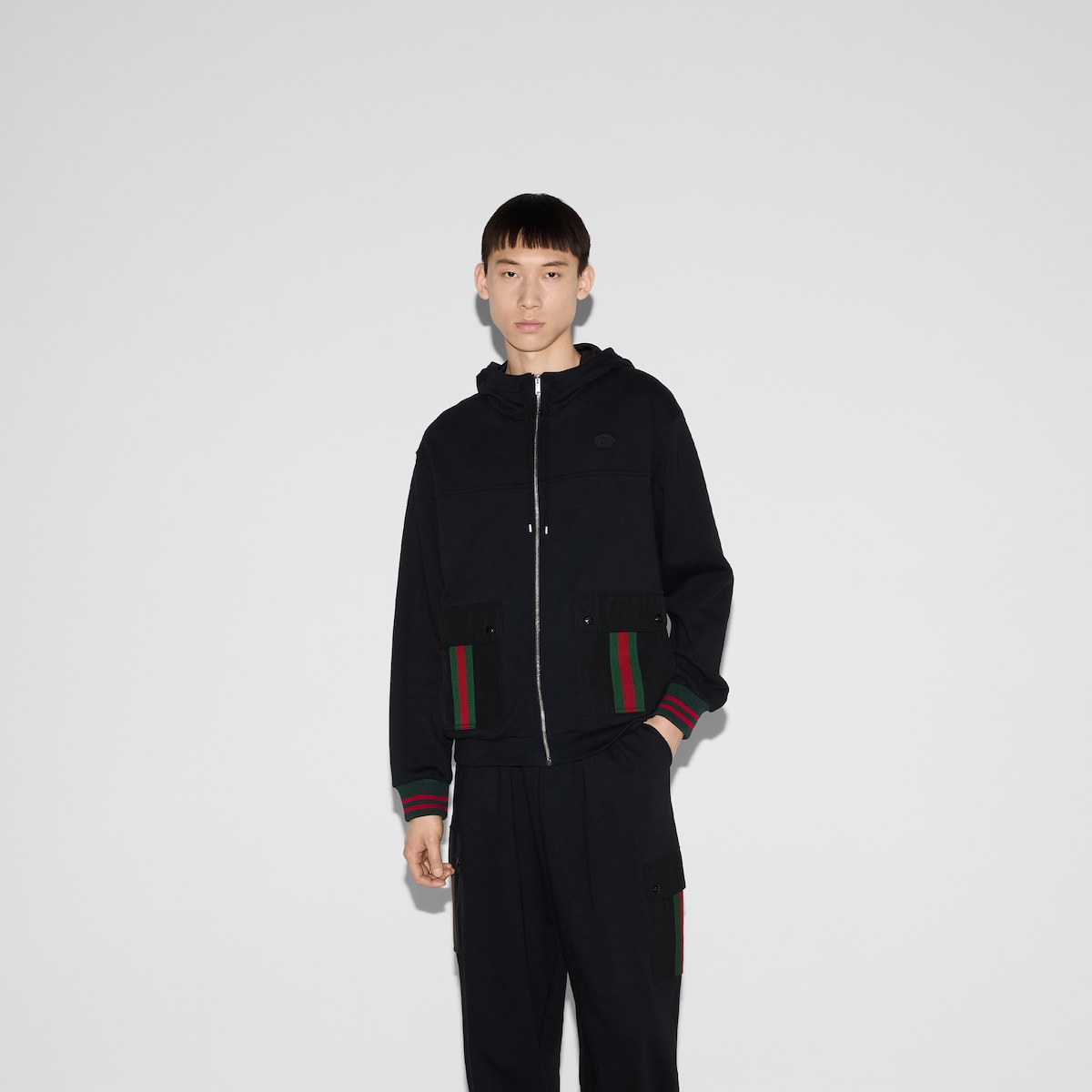 Cotton jersey hooded jacket with Web in black | GUCCI® US