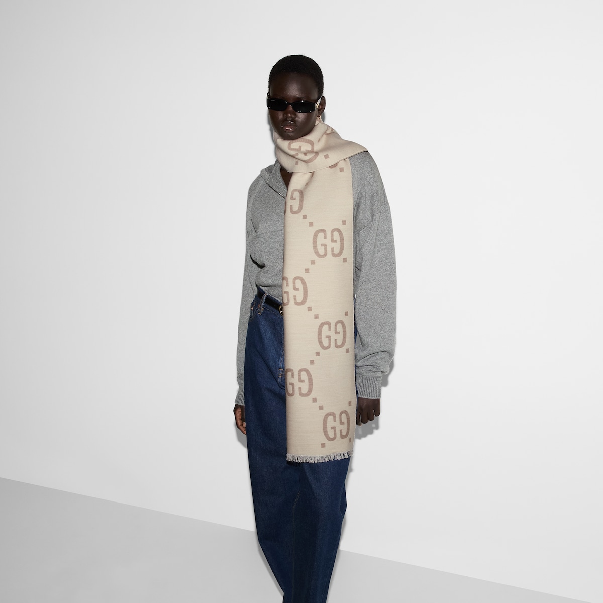 GG jacquard wool silk scarf in ivory and beige