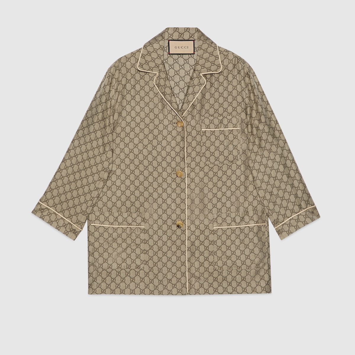 GG Supreme print silk shirt in beige and ebony | GUCCI® US