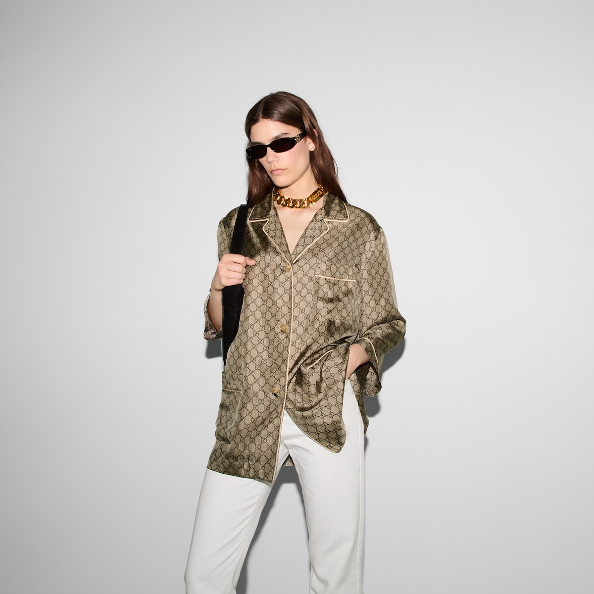 GG Supreme print silk shirt in beige and ebony | GUCCI® US
