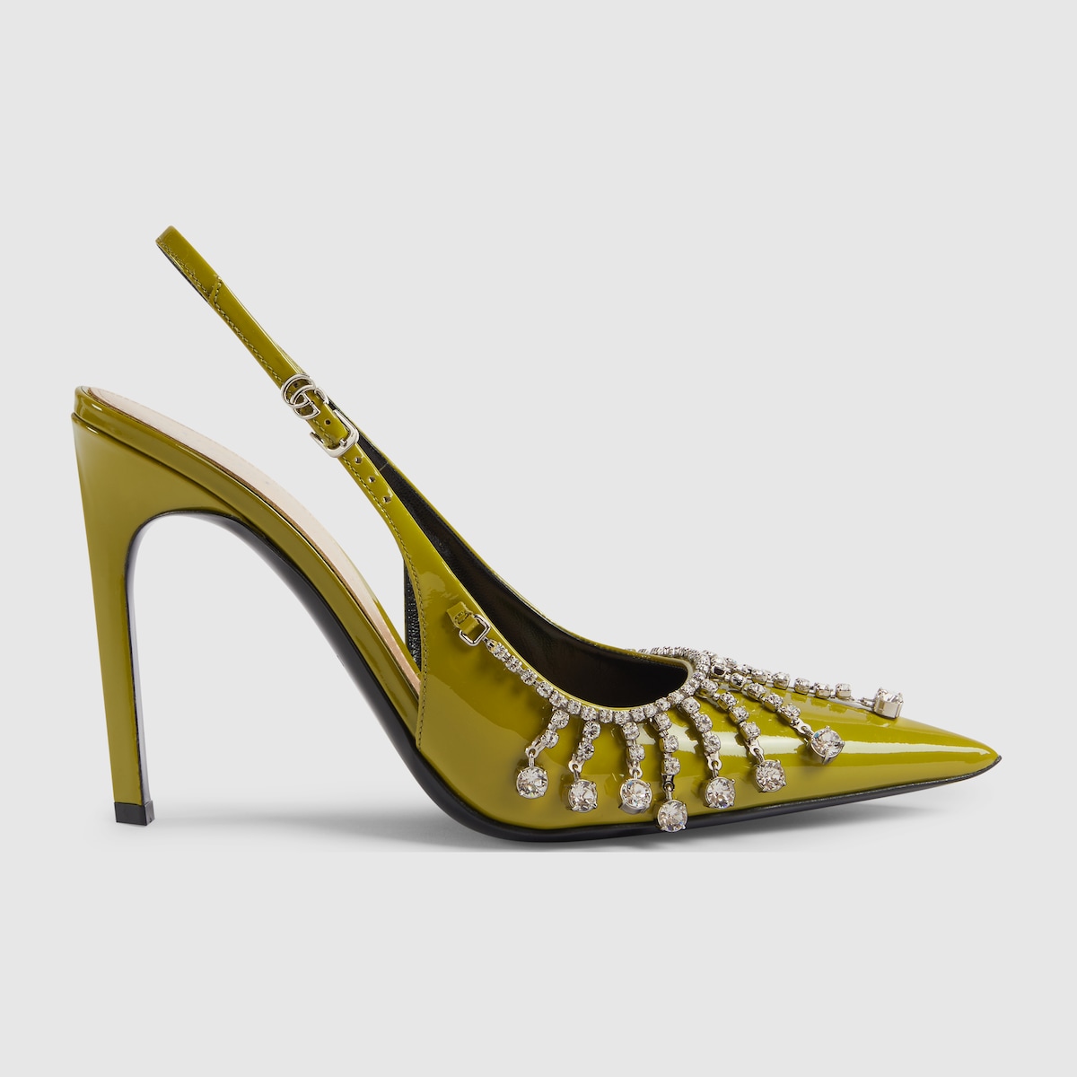 Women's pump with crystal chain in olive green patent Women's pump with crystal chain in olive green patent