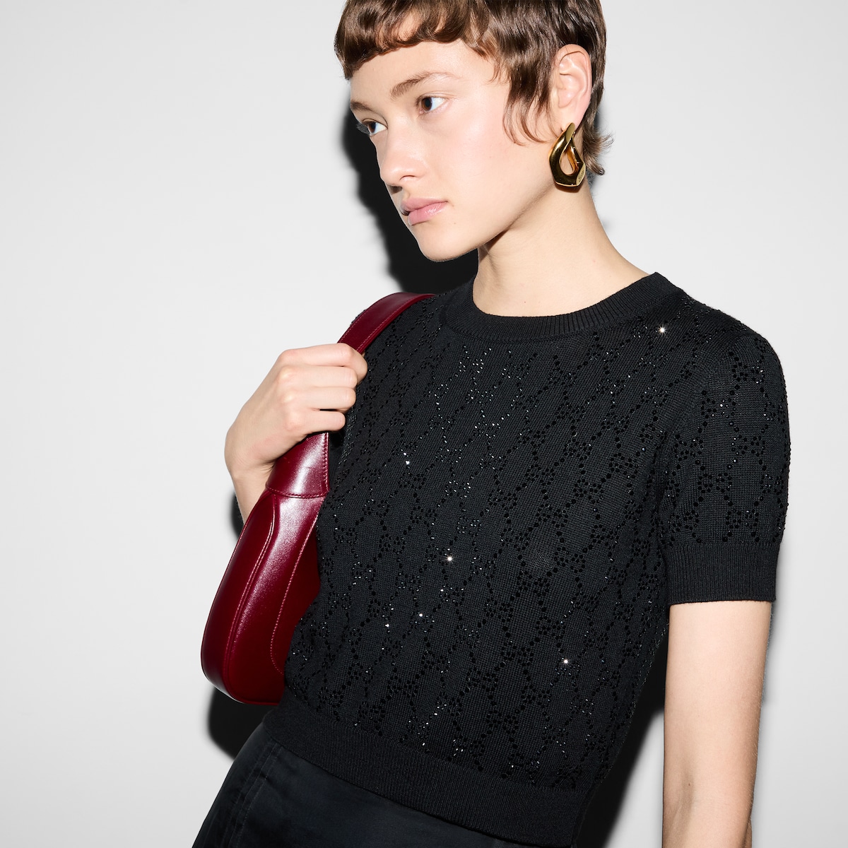 Fine wool GG crystal top in black - thumbnail 3