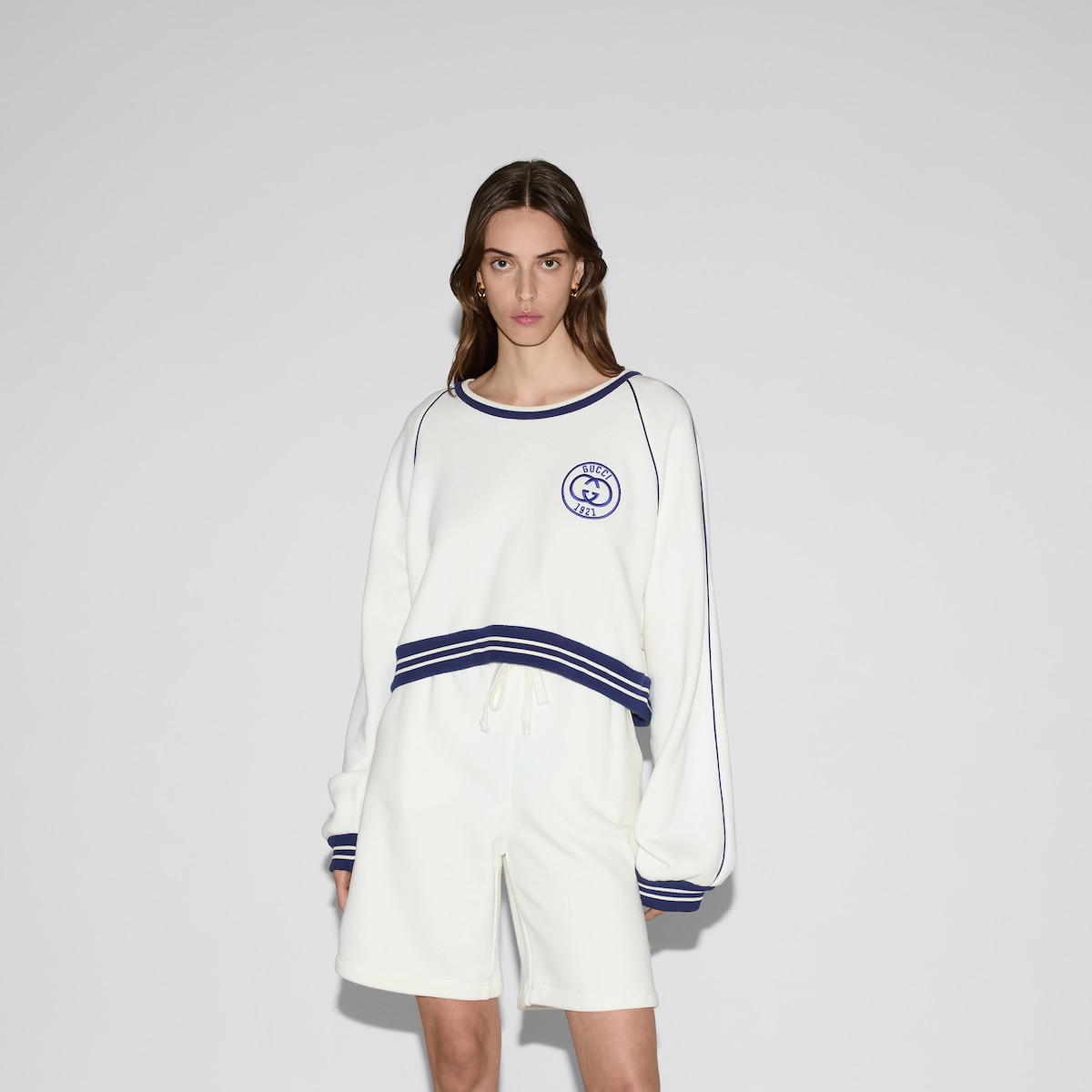 GUCCI cotton lace-embellished sweatshirt sweat tops 595786 Blue white XS