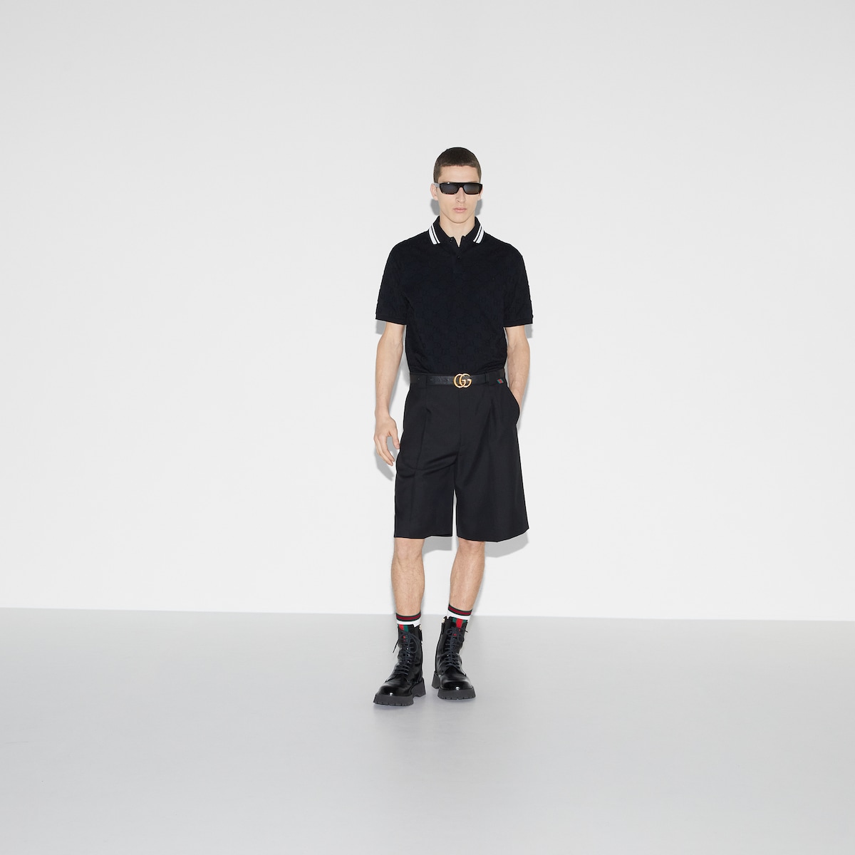 GG stretch cotton polo in black and white - thumbnail 7