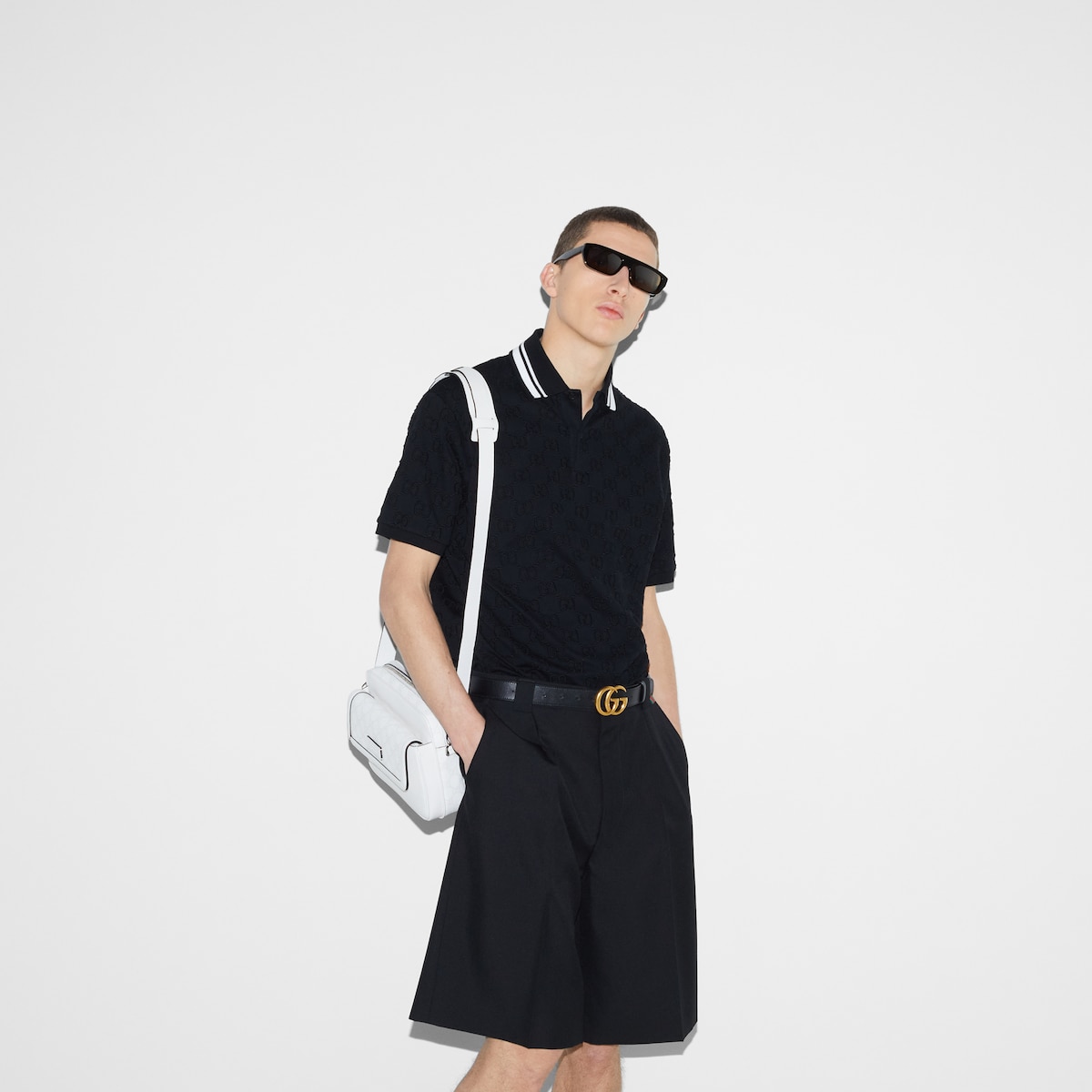 GG stretch cotton polo in black and white - thumbnail 3