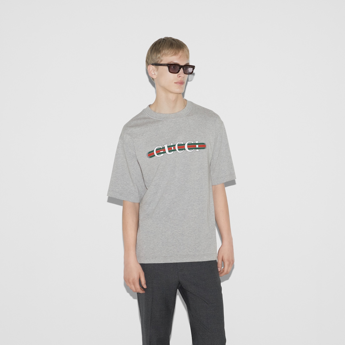 Cotton jersey embossed T-shirt in grey mélange | GUCCI® US