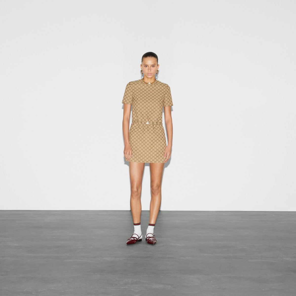 GG canvas dress in camel and ebony | GUCCI® SI