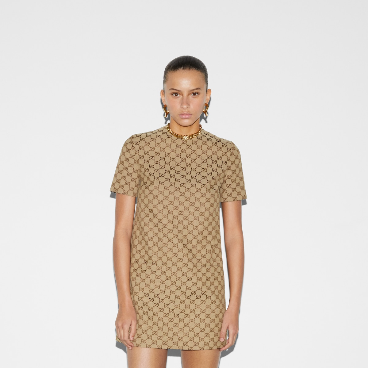 GG canvas dress in camel and ebony | GUCCI® BG