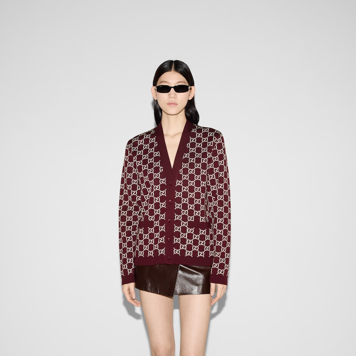 Reversible GG wool jacquard cardigan in bordeaux and white