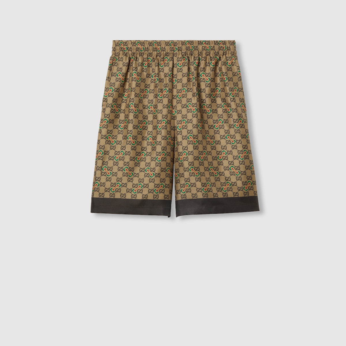 GG马衔扣印花斜纹真丝短裤in 驼色和乌木色| GUCCI® FR