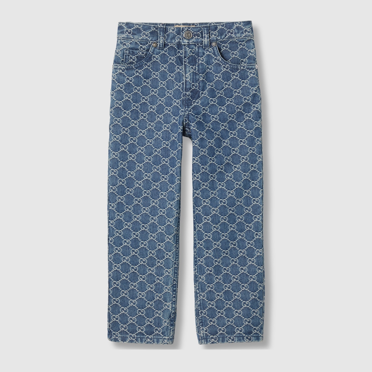 Pantaloni bambino in denim GG jacquard in blu e avorio
