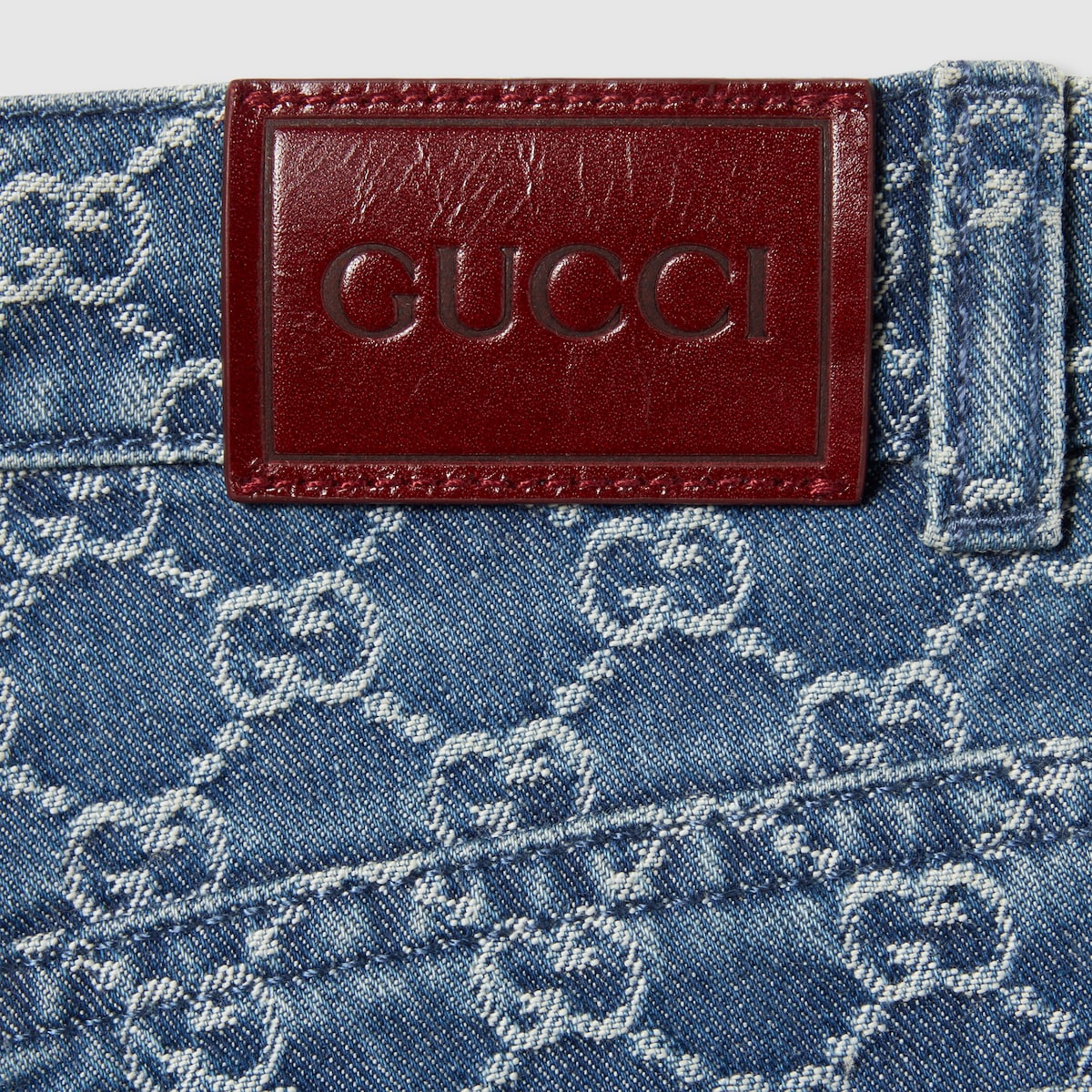 Children's GG denim jacquard pants in blue and ivory