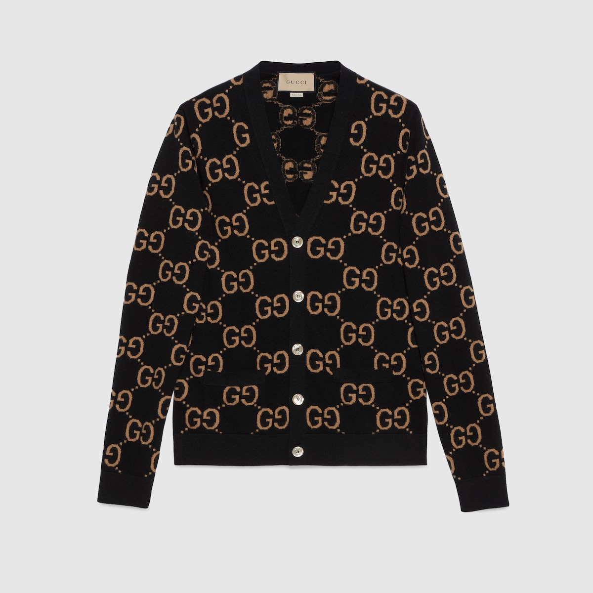 GG wool jacquard cardigan in black and camel | GUCCI® US