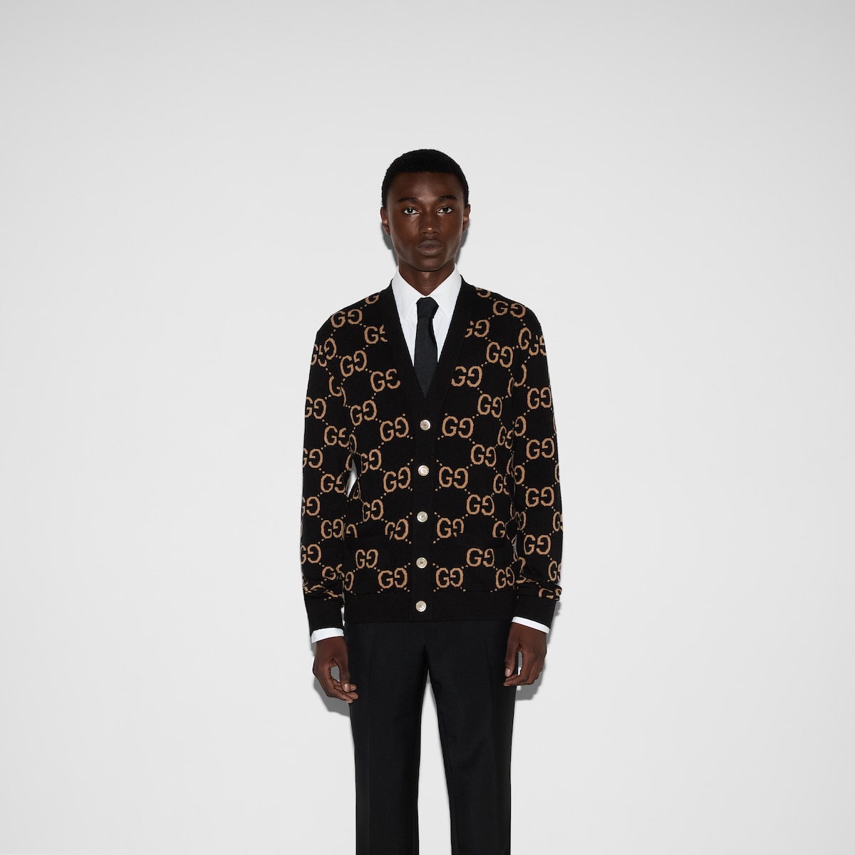 GG wool jacquard cardigan in black and camel | GUCCI® US