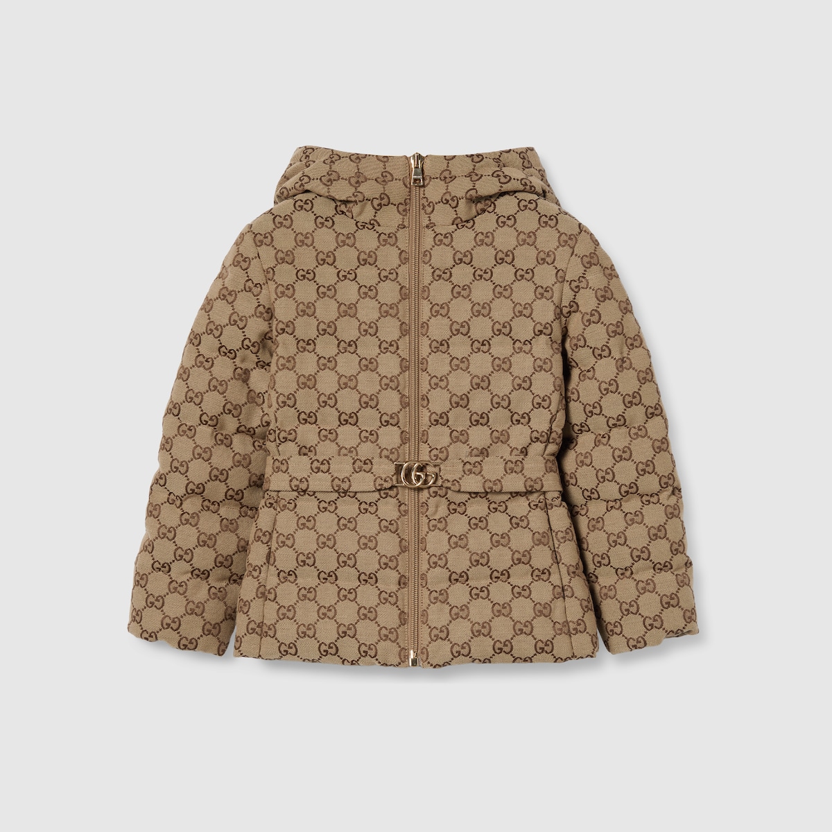 Children's GG canvas padded jacket in camel and dark brown