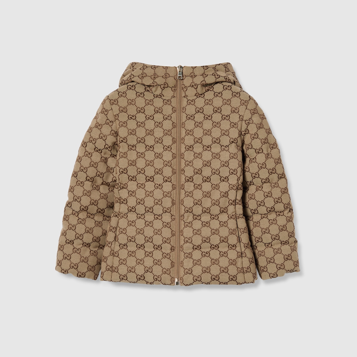 Children's GG canvas padded jacket in camel and dark brown