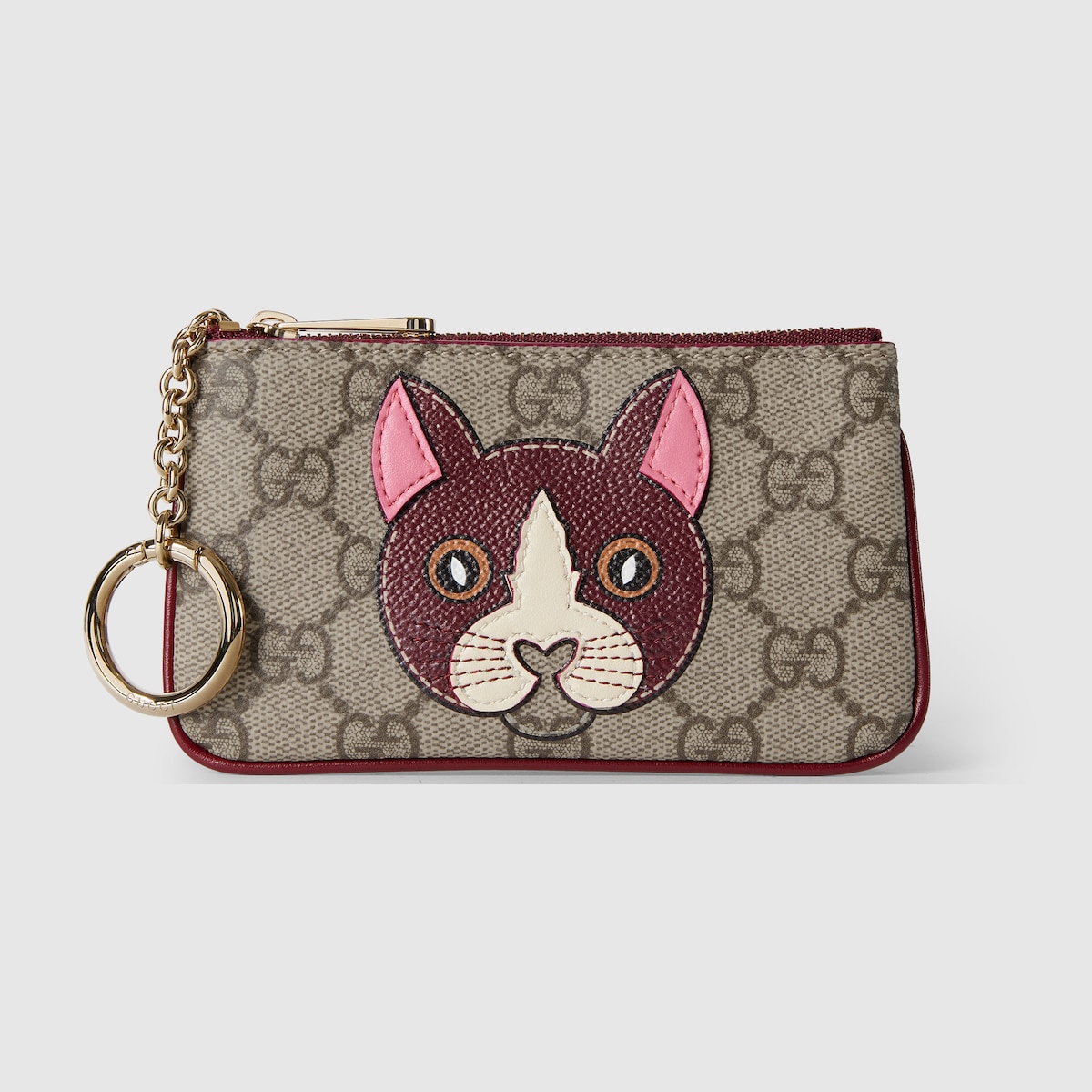 GG key pouch with cat detail in beige and dark brown fabric